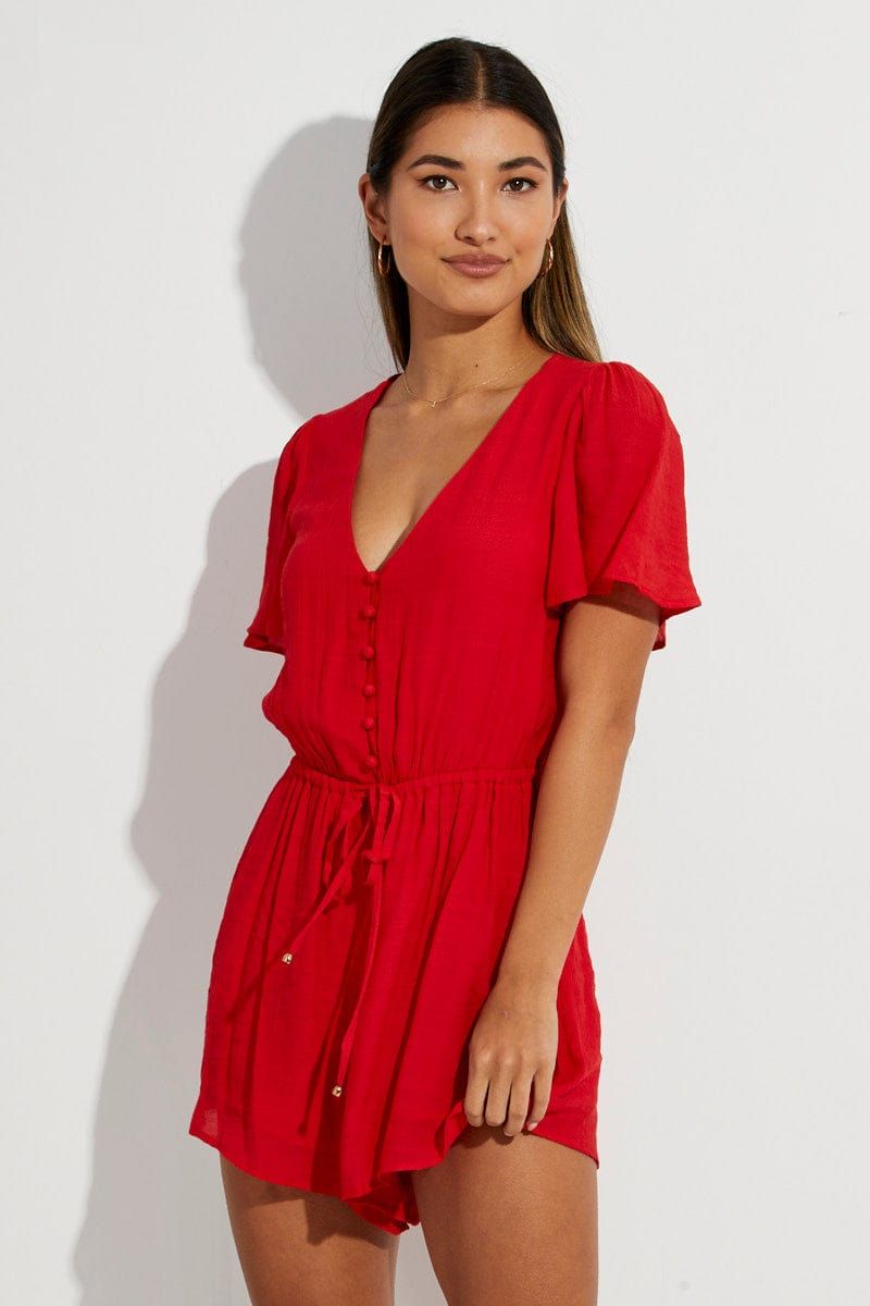 Red Mini Playsuit V Neck Short Sleeve sold by Ally Fashion product image thumbnail 3