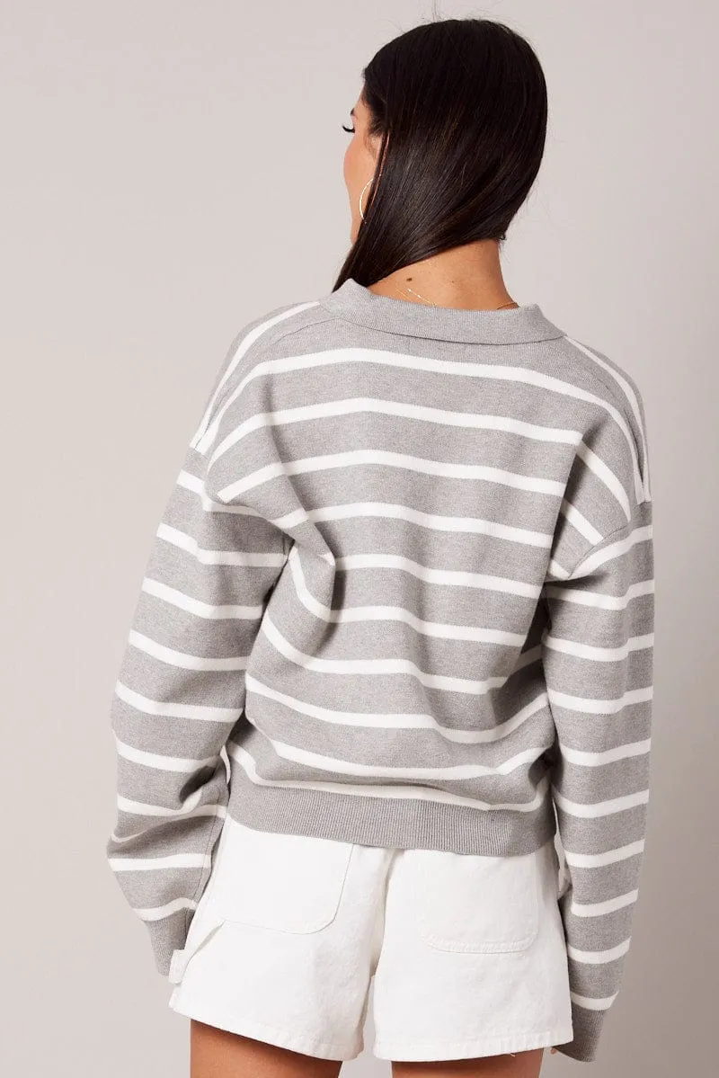 Grey Stripe Knit Top Long Sleeve Collar sold by Ally Fashion product image thumbnail 5