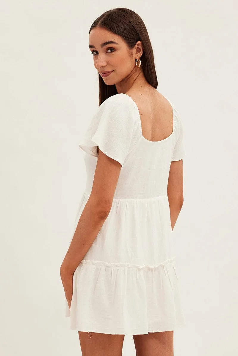 White Dress Square Neck Short Sleeve Tiered Button Front sold by Ally Fashion product image thumbnail 5