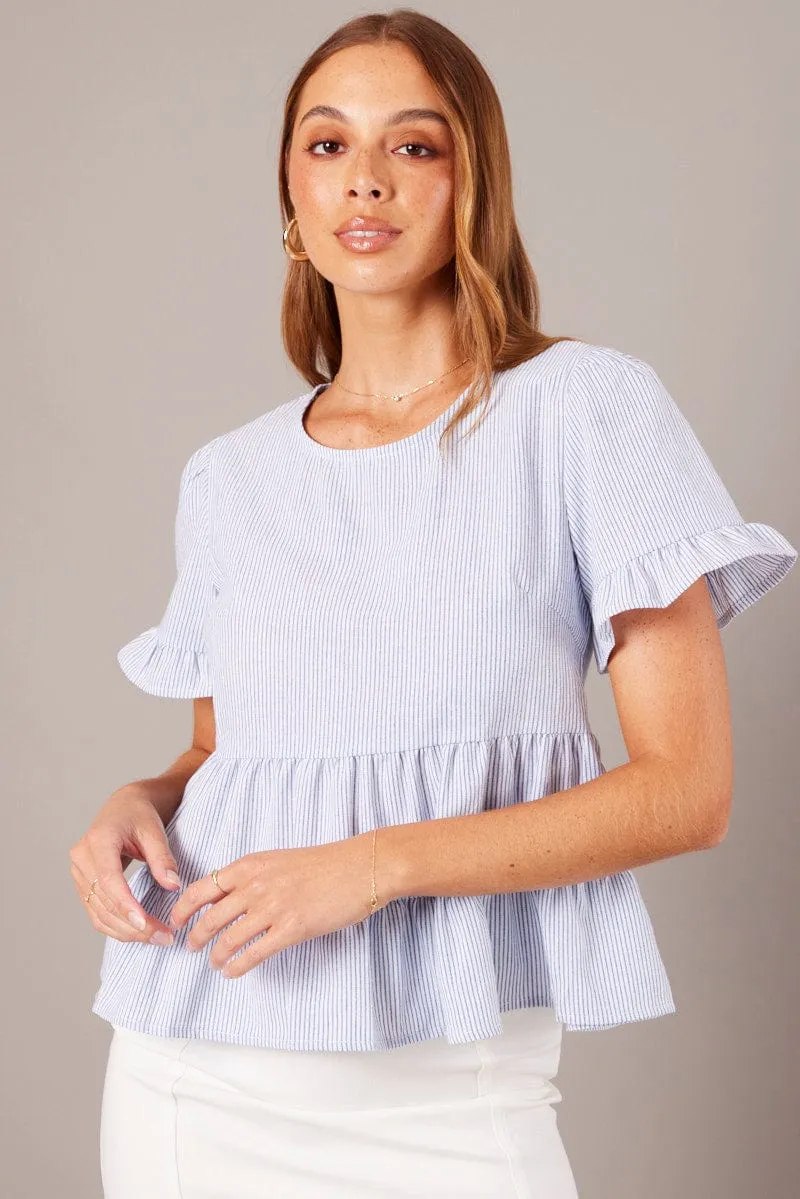 Blue Stripe Ruffle Top Short Sleeve sold by Ally Fashion