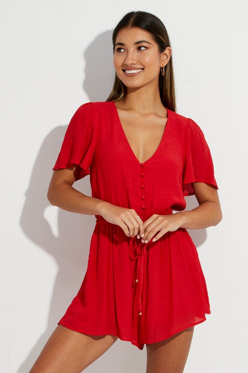 Red Mini Playsuit V Neck Short Sleeve sold by Ally Fashion
