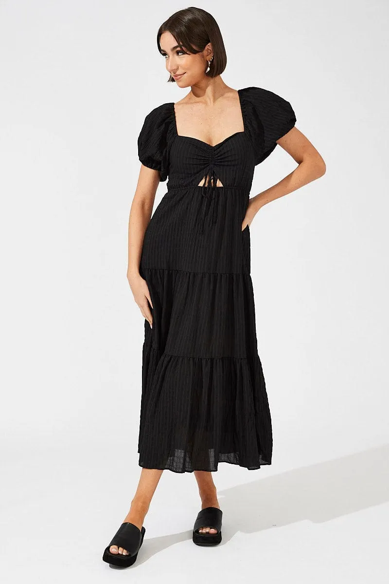 Black Midi Dress Puff Sleeve Ruch Front sold by Ally Fashion product image thumbnail 3
