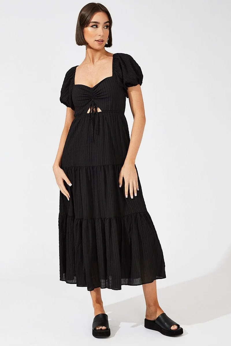 Black Midi Dress Puff Sleeve Ruch Front sold by Ally Fashion