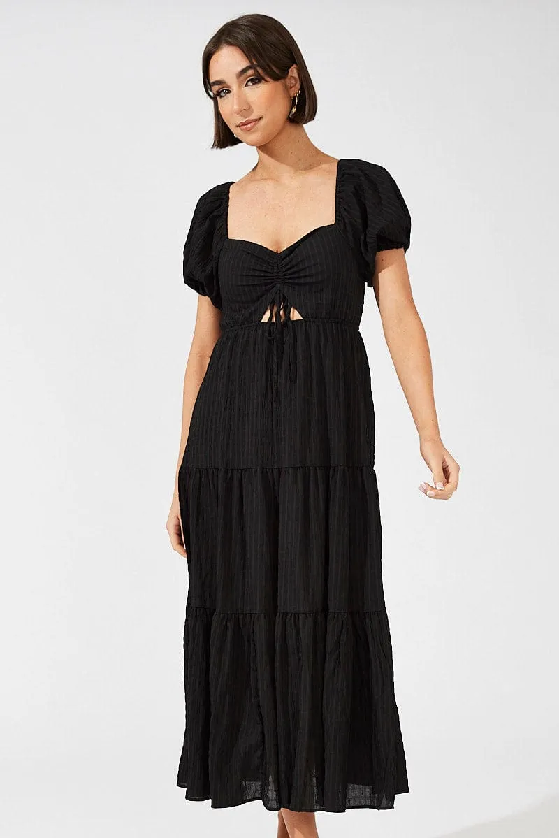 Black Midi Dress Puff Sleeve Ruch Front sold by Ally Fashion product image thumbnail 2