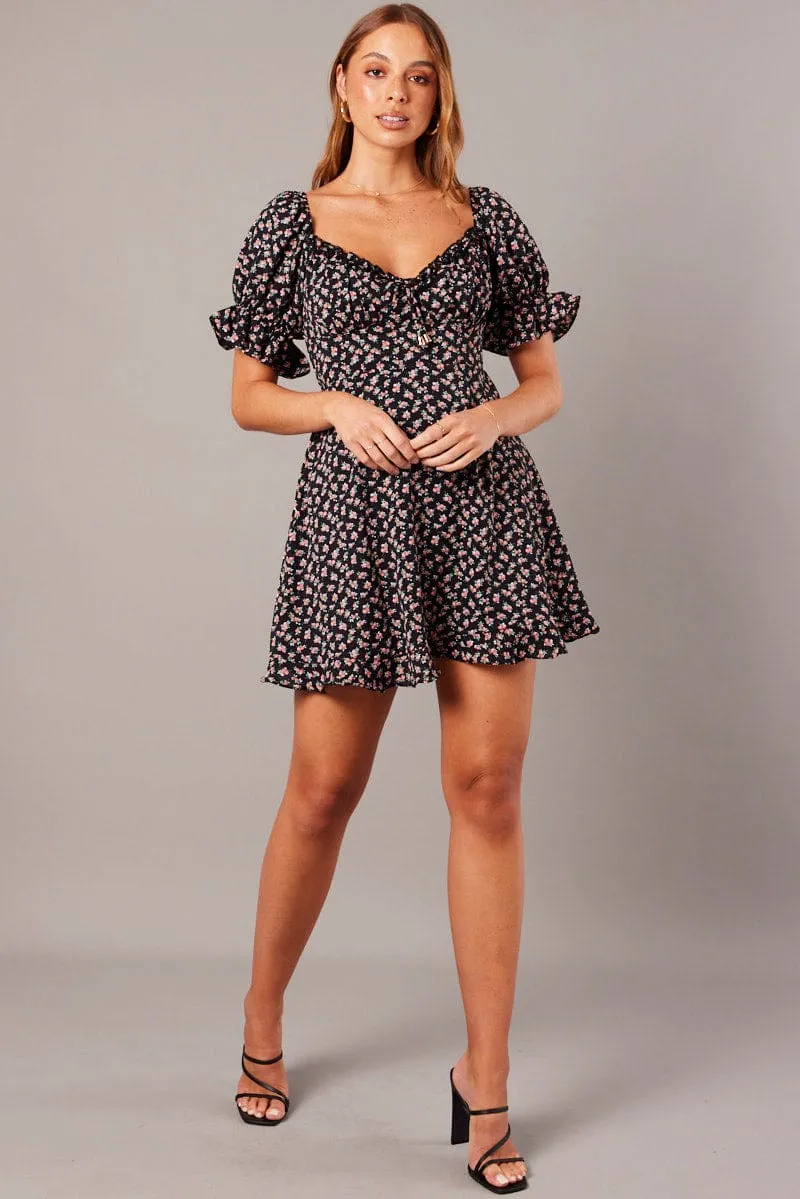 Black Floral Fit And Flare Dress Puff Sleeve sold by Ally Fashion product image thumbnail 2