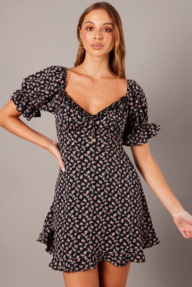 Black Floral Fit And Flare Dress Puff Sleeve sold by Ally Fashion product image thumbnail 3