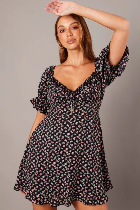Black Floral Fit And Flare Dress Puff Sleeve sold by Ally Fashion