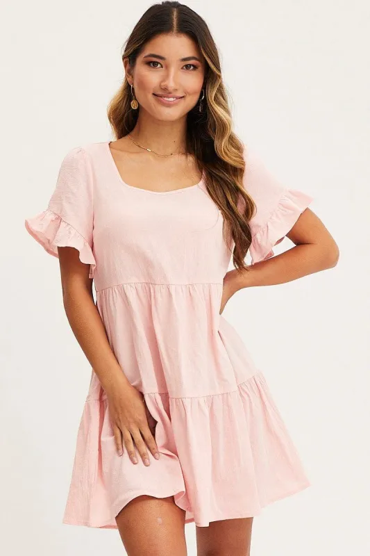 Beige Mini Dress Short Sleeve Square Neck sold by Ally Fashion