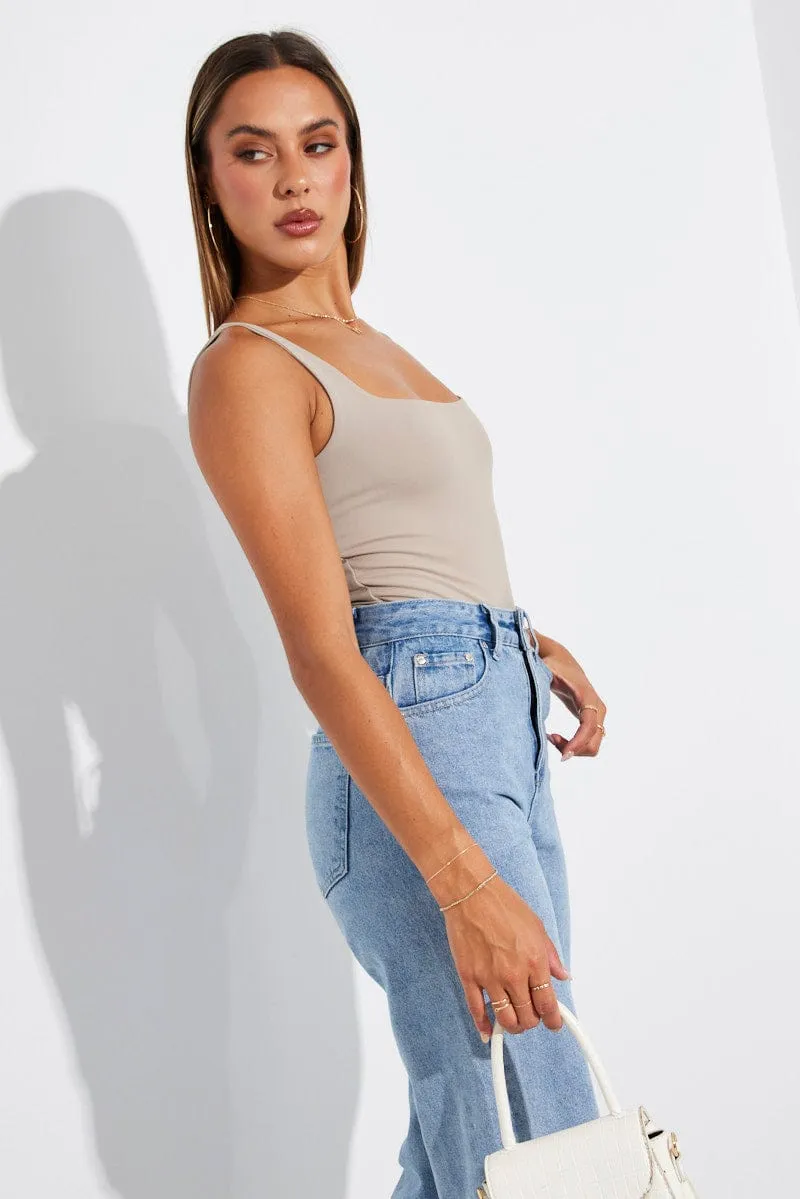 Beige Supersoft Bodysuit Sleeveless Square-Cut Neck sold by Ally Fashion