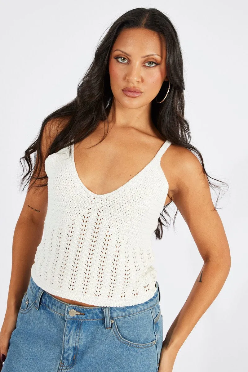 White Crochet Knit Top Sleeveless V Neck sold by Ally Fashion product image thumbnail 3