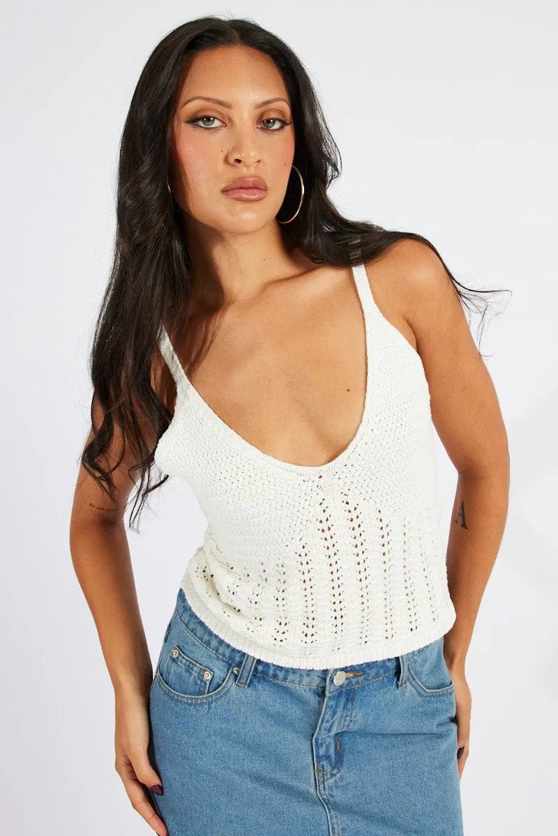 White Crochet Knit Top Sleeveless V Neck sold by Ally Fashion