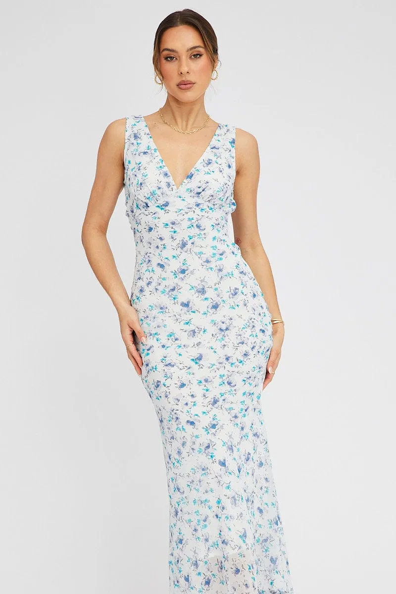 Blue Floral Midi Dress Bias Cutting sold by Ally Fashion product image thumbnail 2