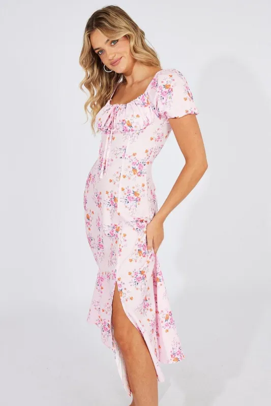 Pink Floral Ruched Bust Midi Dress Short Sleeve sold by Ally Fashion
