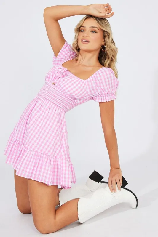 Pink Check Fit And Flare Dress Puff Sleeve Mini sold by Ally Fashion