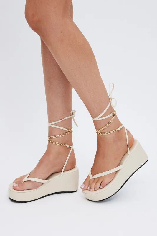 Cream Chain Tie Up Leg Wedge Thong Sandals sold by Ally Fashion