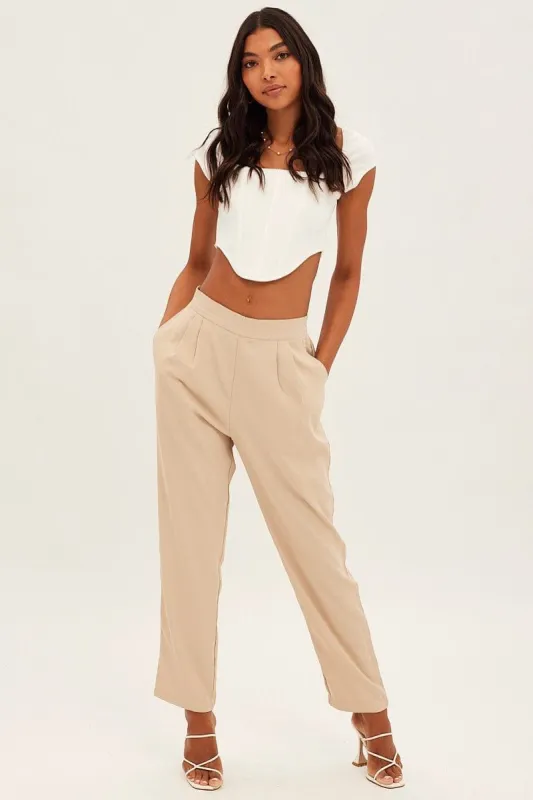 Beige Bone Pleated Waistband Detail Tailored Pant sold by Ally Fashion