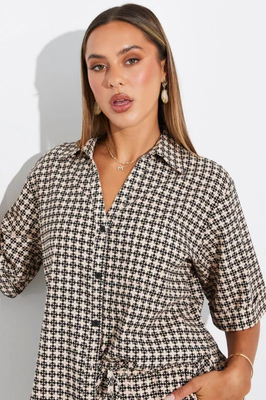 Brown Geo Shirt Short Sleeve Collared Neck sold by Ally Fashion