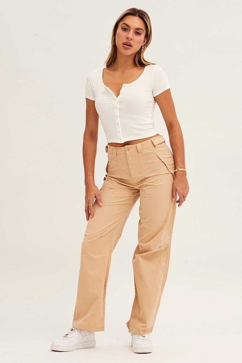 Beige Wide Leg Carpenter Pants sold by Ally Fashion product image thumbnail 3