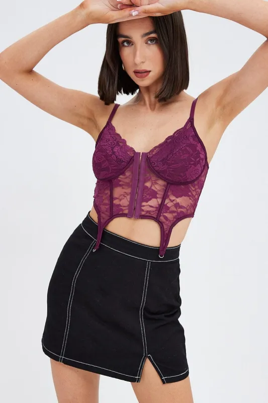 Purple Corset Top Sleeveless Sweetheart Crop Garter Lace sold by Ally Fashion