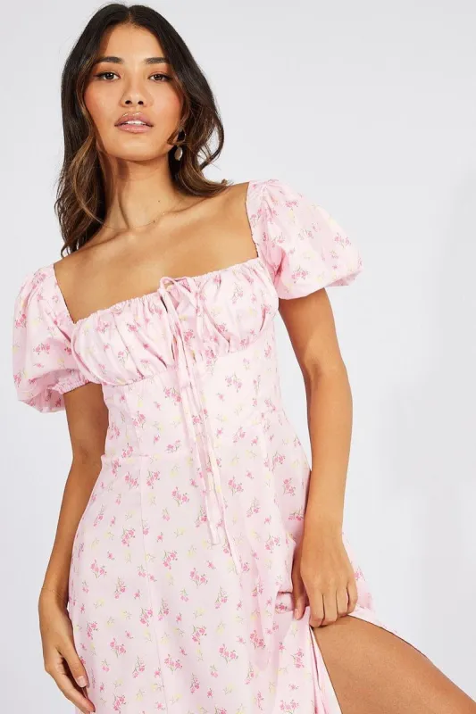 Pink Floral Ruched Bust Maxi Dress Short Sleeve sold by Ally Fashion