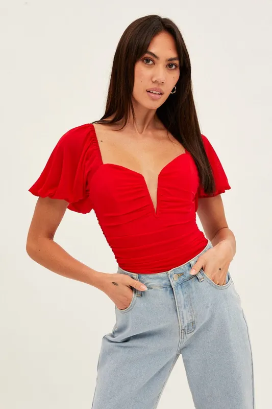 Red Bodysuit Short Sleeve V Notched Front Mesh Jersey sold by Ally Fashion