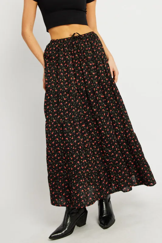 Black Ditsy Maxi Skirt Tiered High Rise sold by Ally Fashion