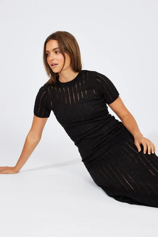 Black Knit Maxi Dress Crochet Short Sleeve sold by Ally Fashion