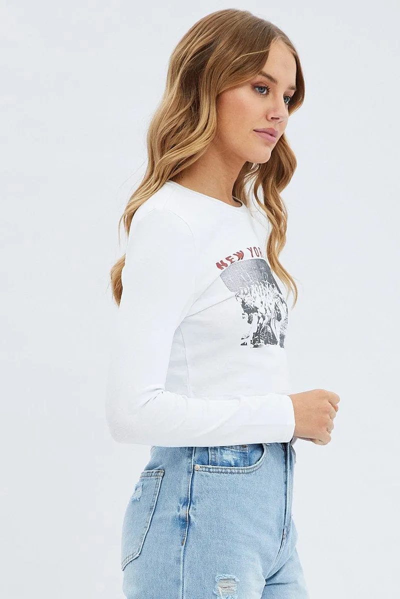 White Tee Round Neck Long Sleeve Graphic Print sold by Ally Fashion product image thumbnail 4