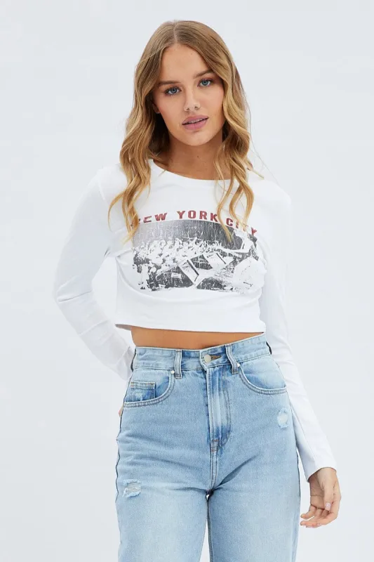 White Tee Round Neck Long Sleeve Graphic Print sold by Ally Fashion
