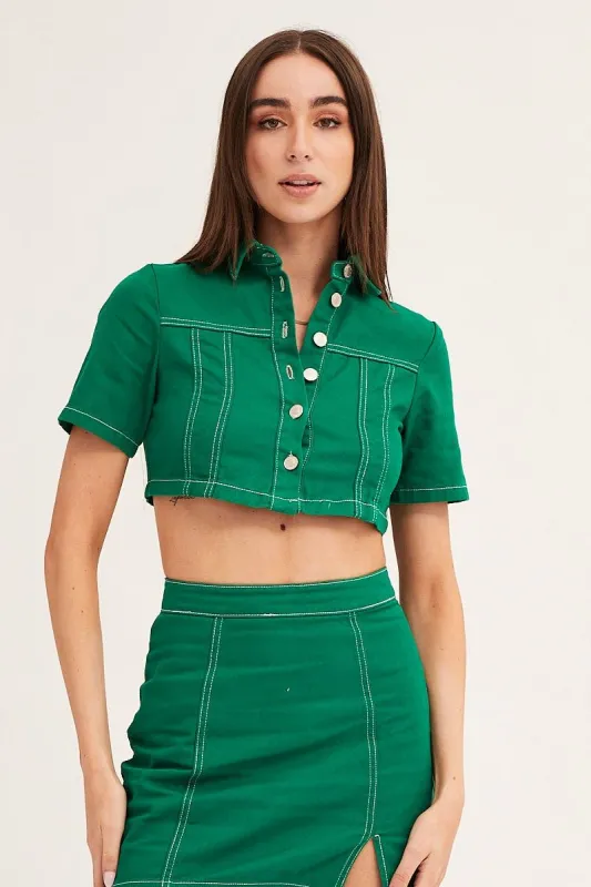 Green Contrast Stitch Button Up Top sold by Ally Fashion