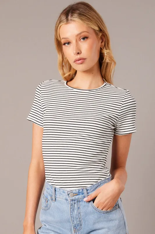 White Stripe Longline T Shirt Short Sleeve Crew Neck Rib Jersey sold by Ally Fashion