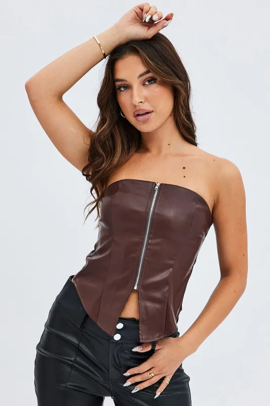 Brown PU Corset Sleeveless Strapless Butterfly Top sold by Ally Fashion