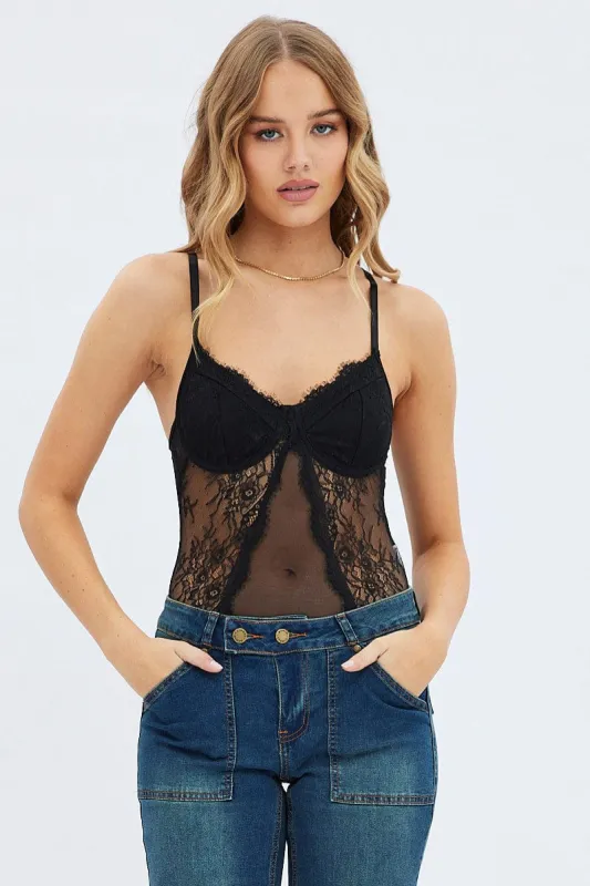 Black Lace One Piece Bodysuit sold by Ally Fashion