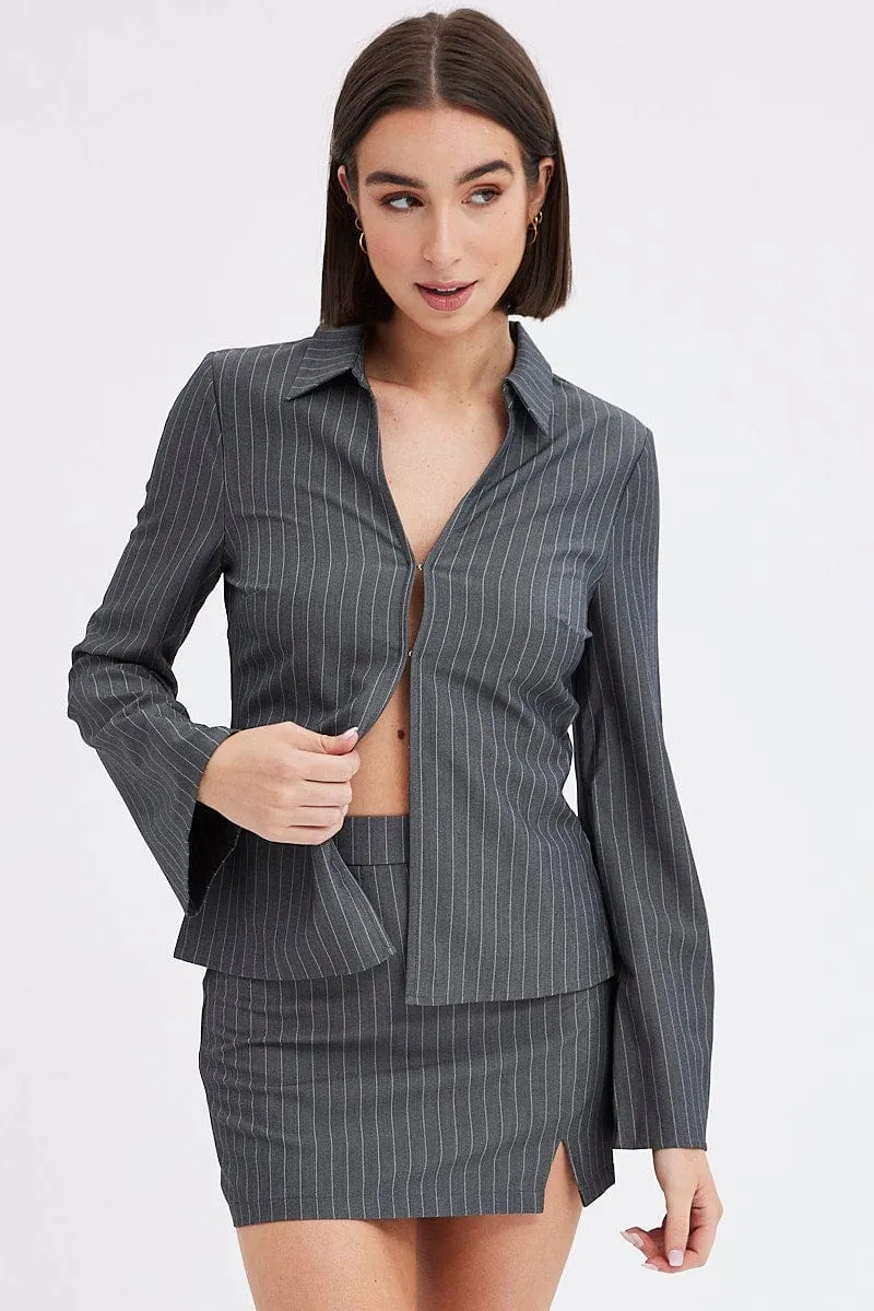 Grey Stripe Mini Skirt High Rise Pencil Side Slit sold by Ally Fashion