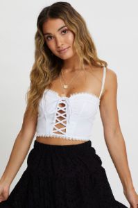 White Lace Trim Lace Up Bustier Crop Top sold by Ally Fashion