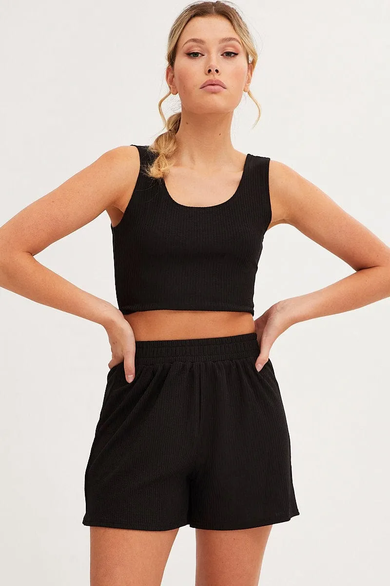 Black Rib Jersey Crop And Shorts Set sold by Ally Fashion