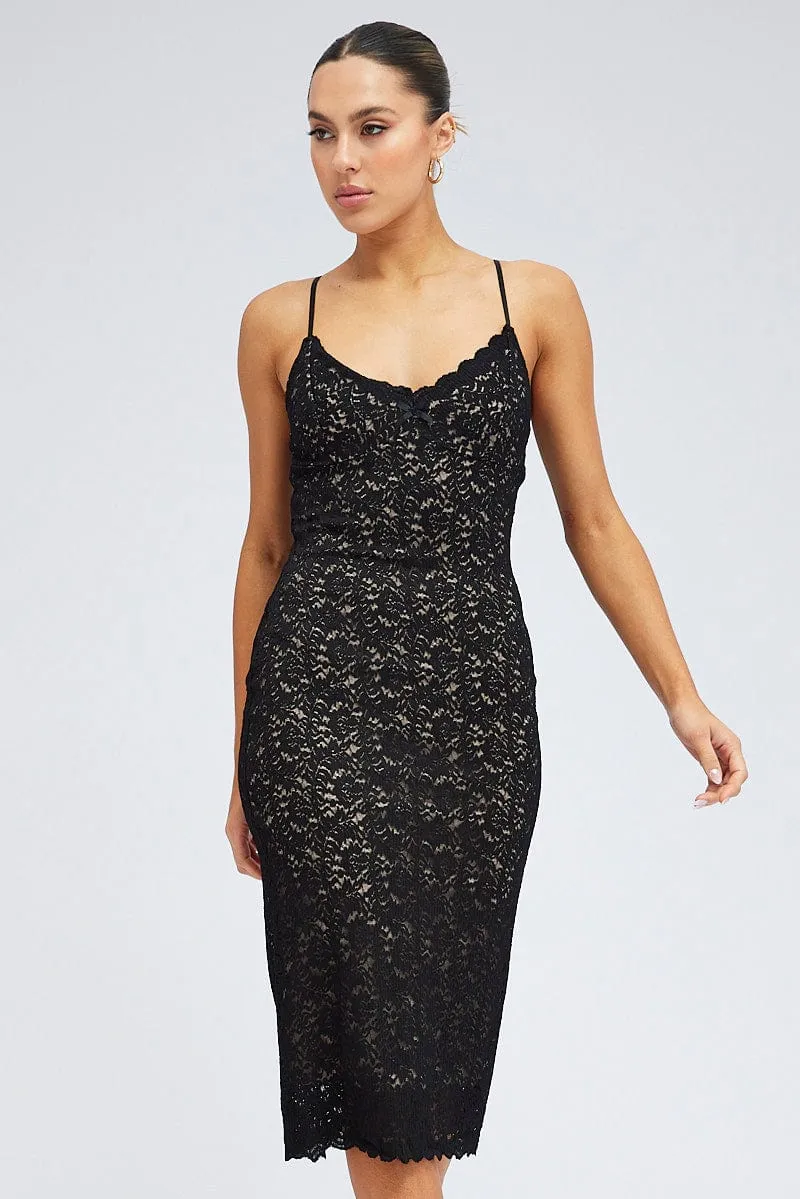 Black Midi Dress Sleeveless V-Neck Bodycon Lace Stretch sold by Ally Fashion product image thumbnail 2