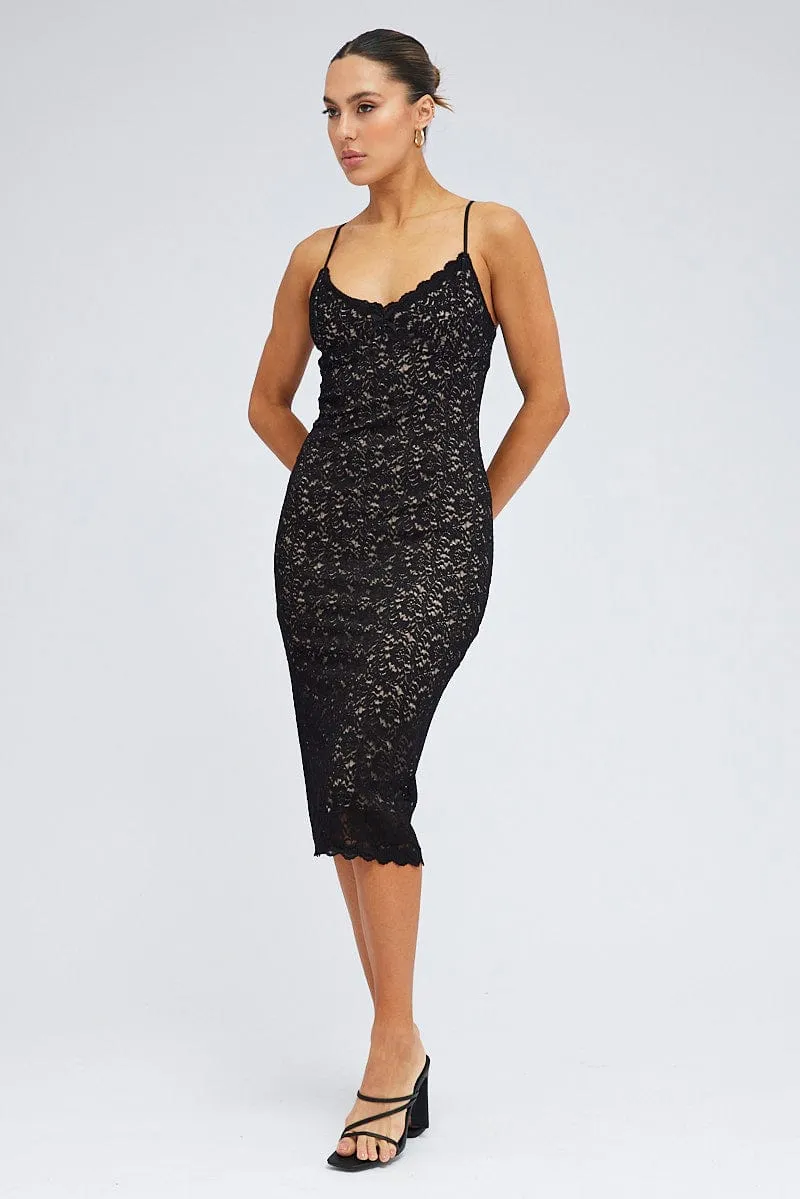Black Midi Dress Sleeveless V-Neck Bodycon Lace Stretch sold by Ally Fashion product image thumbnail 3