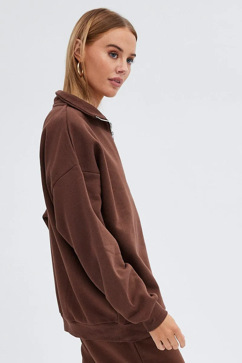 Brown Sweater Long Sleeves With Zip sold by Ally Fashion product image thumbnail 4