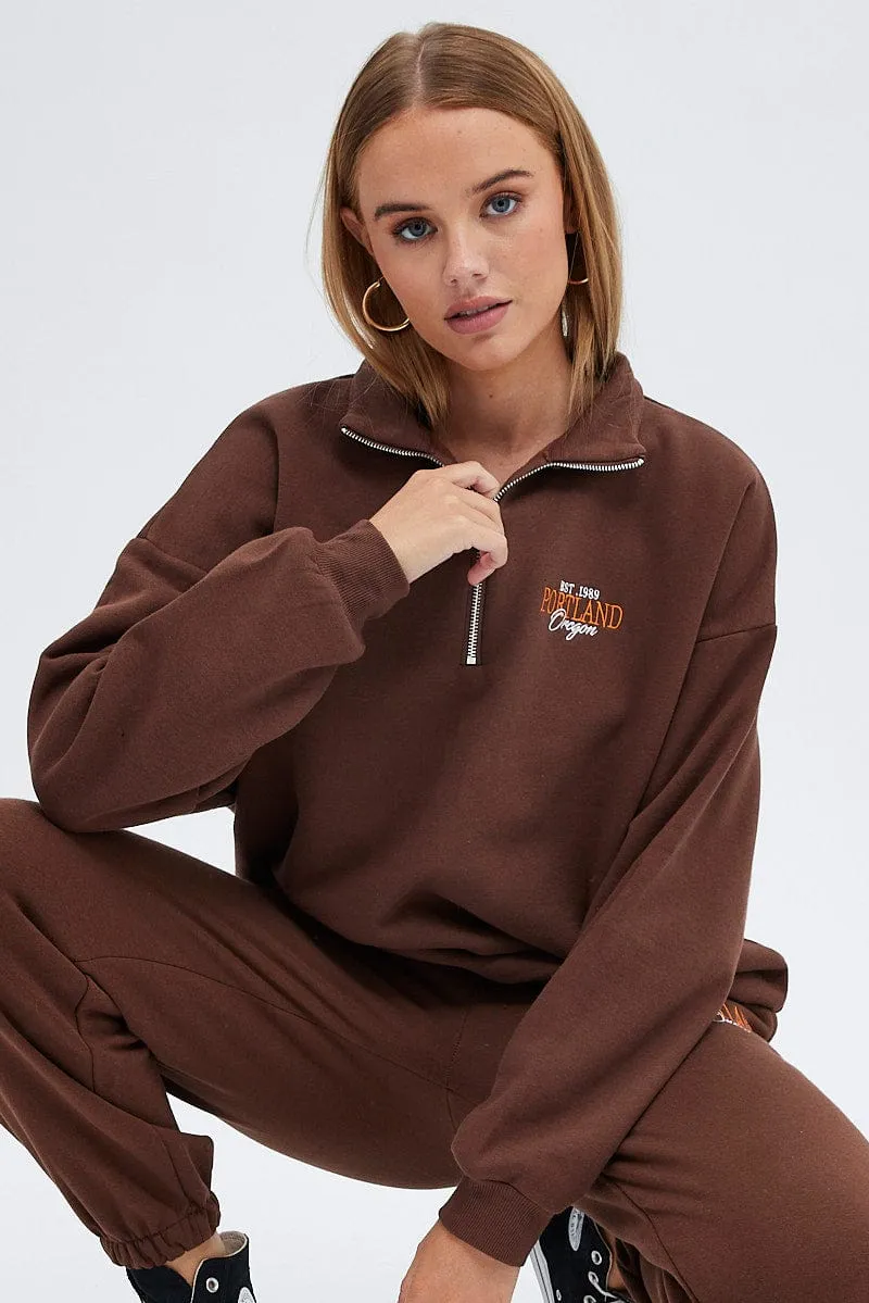 Brown Sweater Long Sleeves With Zip sold by Ally Fashion