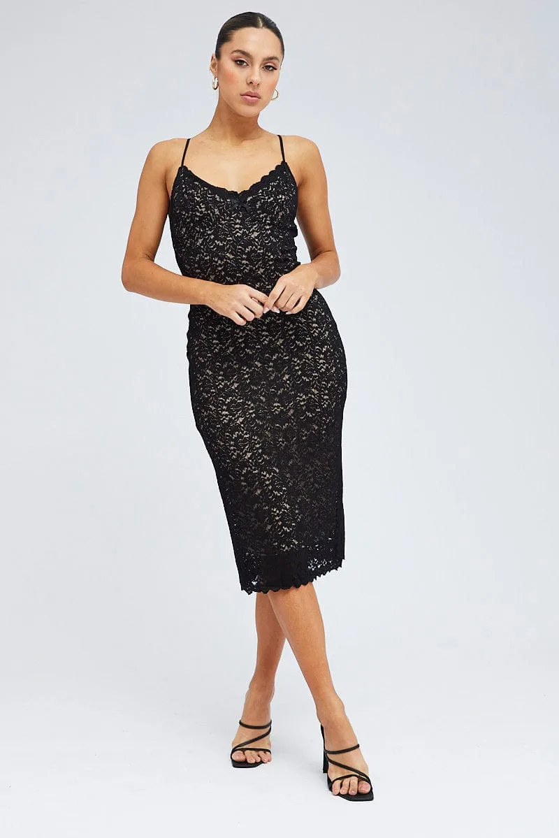 Black Midi Dress Sleeveless V-Neck Bodycon Lace Stretch sold by Ally Fashion