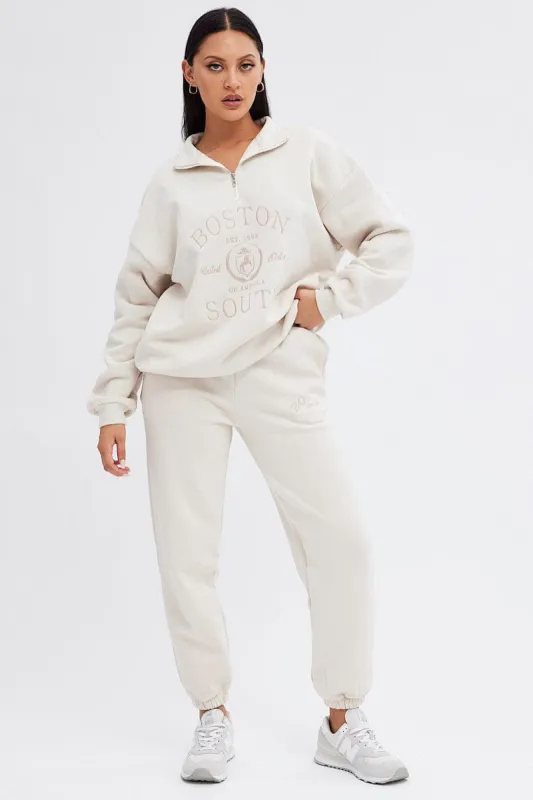 Beige Track Pants High Rise Jogger sold by Ally Fashion