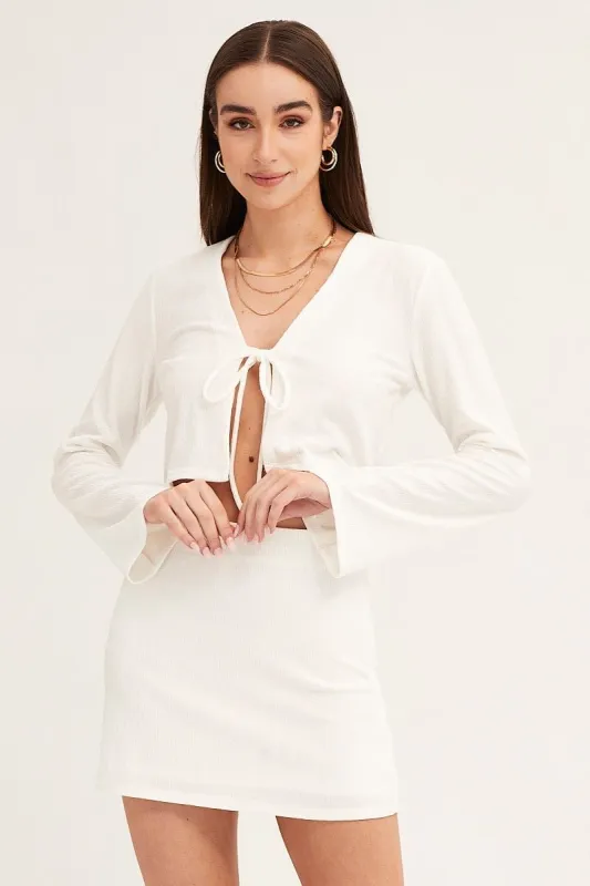 White Long Sleeve Tie Front Textured Tie Top sold by Ally Fashion
