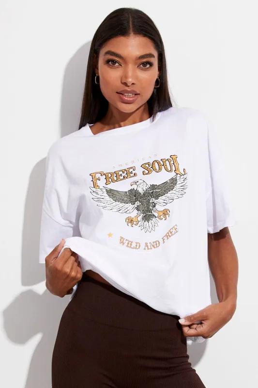 White T Shirt Crew Neck Short Sleeve Longline Eagle sold by Ally Fashion