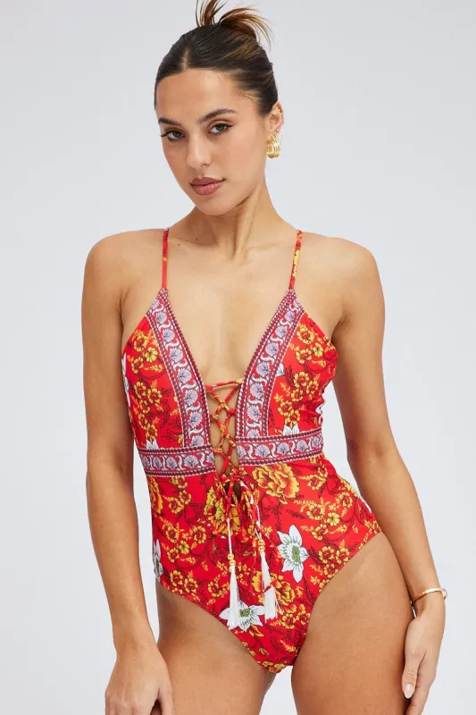 Red Floral Tie Front One Piece Swimsuit sold by Ally Fashion