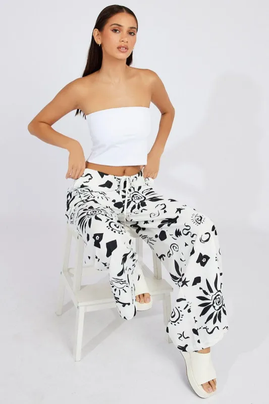 White Abstract Wide Leg Pants High Rise sold by Ally Fashion