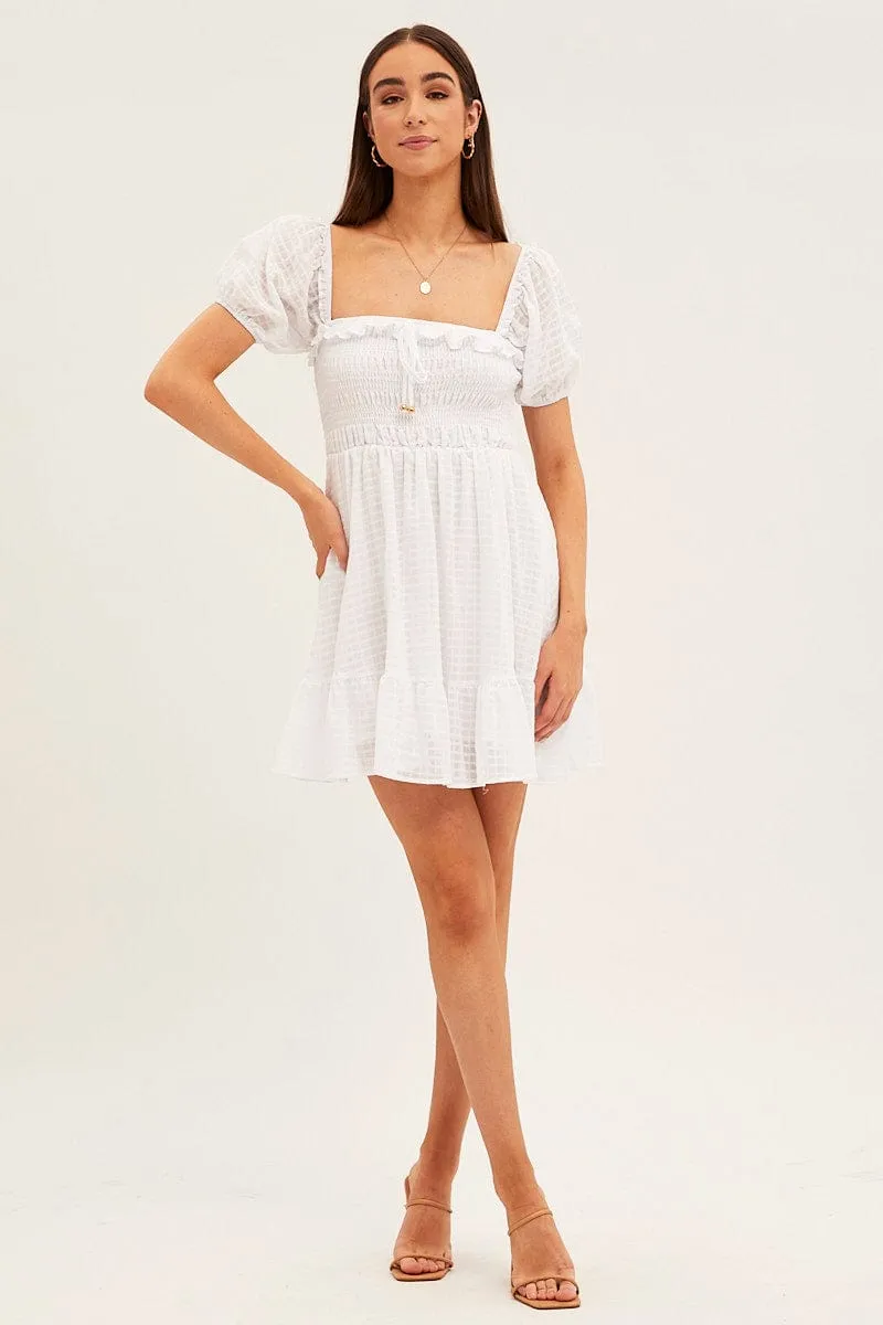 White Fit And Flare Dress Short Sleeve Shirred Mini sold by Ally Fashion product image thumbnail 2