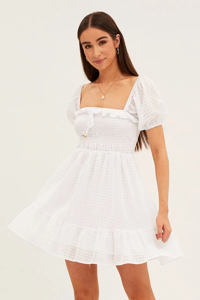 White Fit And Flare Dress Short Sleeve Shirred Mini sold by Ally Fashion product image thumbnail 3