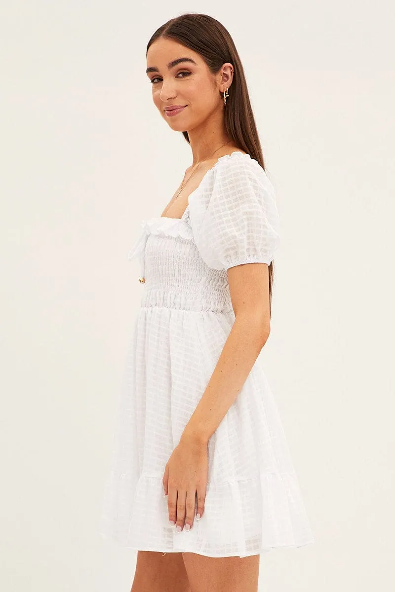 White Fit And Flare Dress Short Sleeve Shirred Mini sold by Ally Fashion product image thumbnail 4