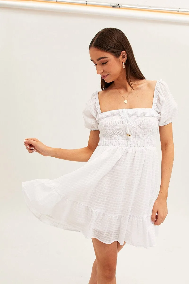 White Fit And Flare Dress Short Sleeve Shirred Mini sold by Ally Fashion